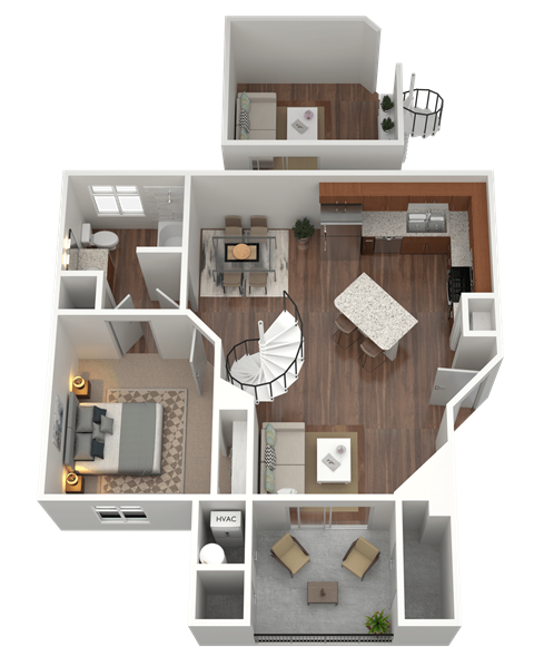 3D rendering of a 1 bed 1 bath loft apartment